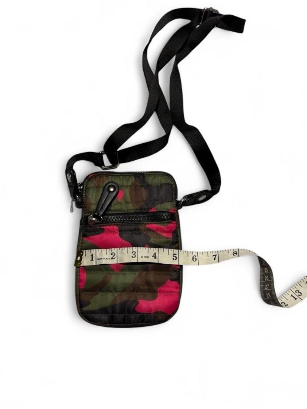 Sondra Roberts Pink and Olive Camouflage Crossbody Pouch with Black Strap